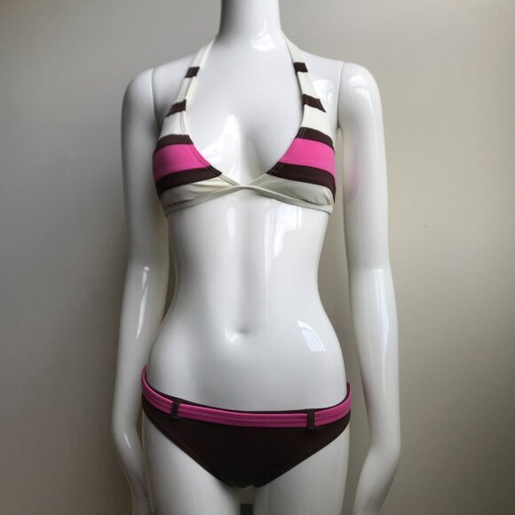 Billabong BLUE CRUSH era Vintage bikini pink brown belted halter top set RARE - Picture 1 of 7